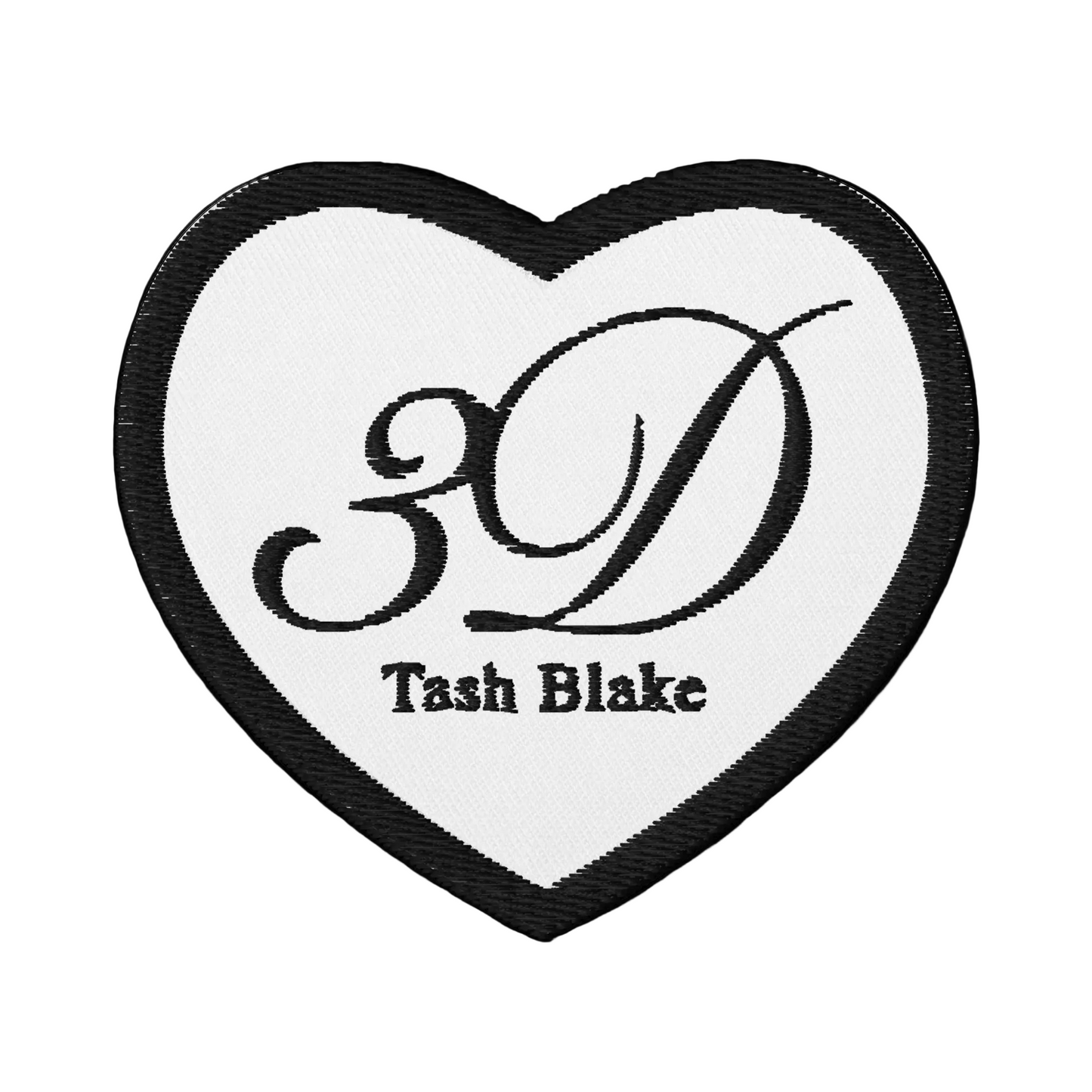 Heart-shaped patch with '3D Tash Blake' design on a white background